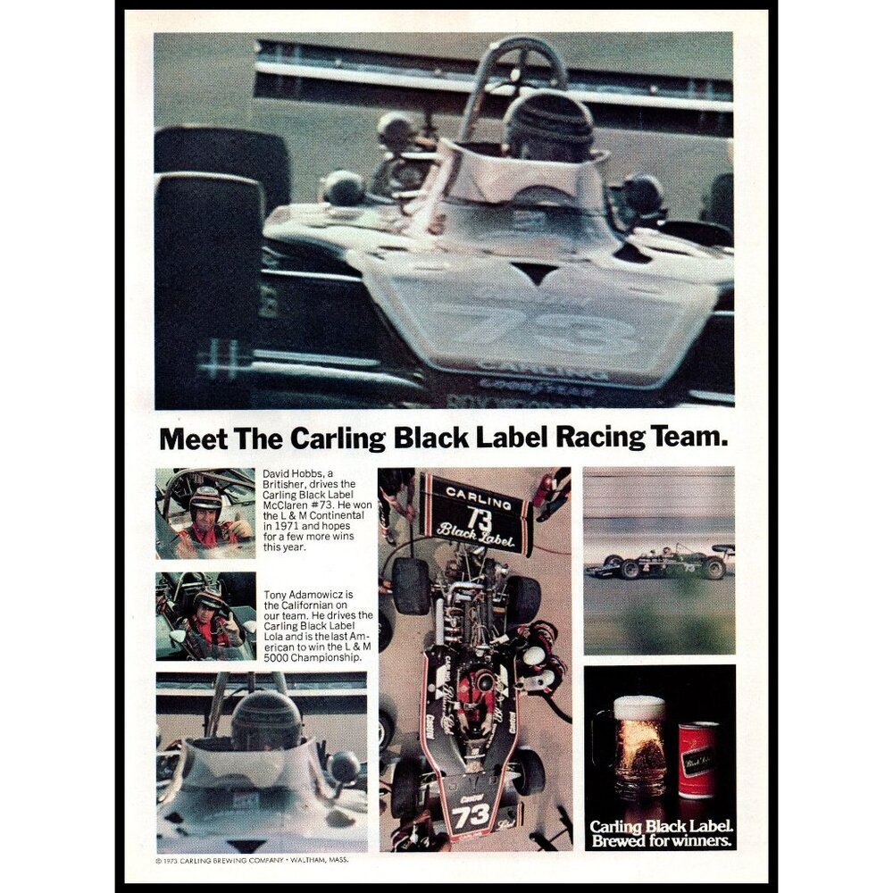 1973 Carling Black Label Beer Racing Team Vintage Print Ad Formula One Wall Art